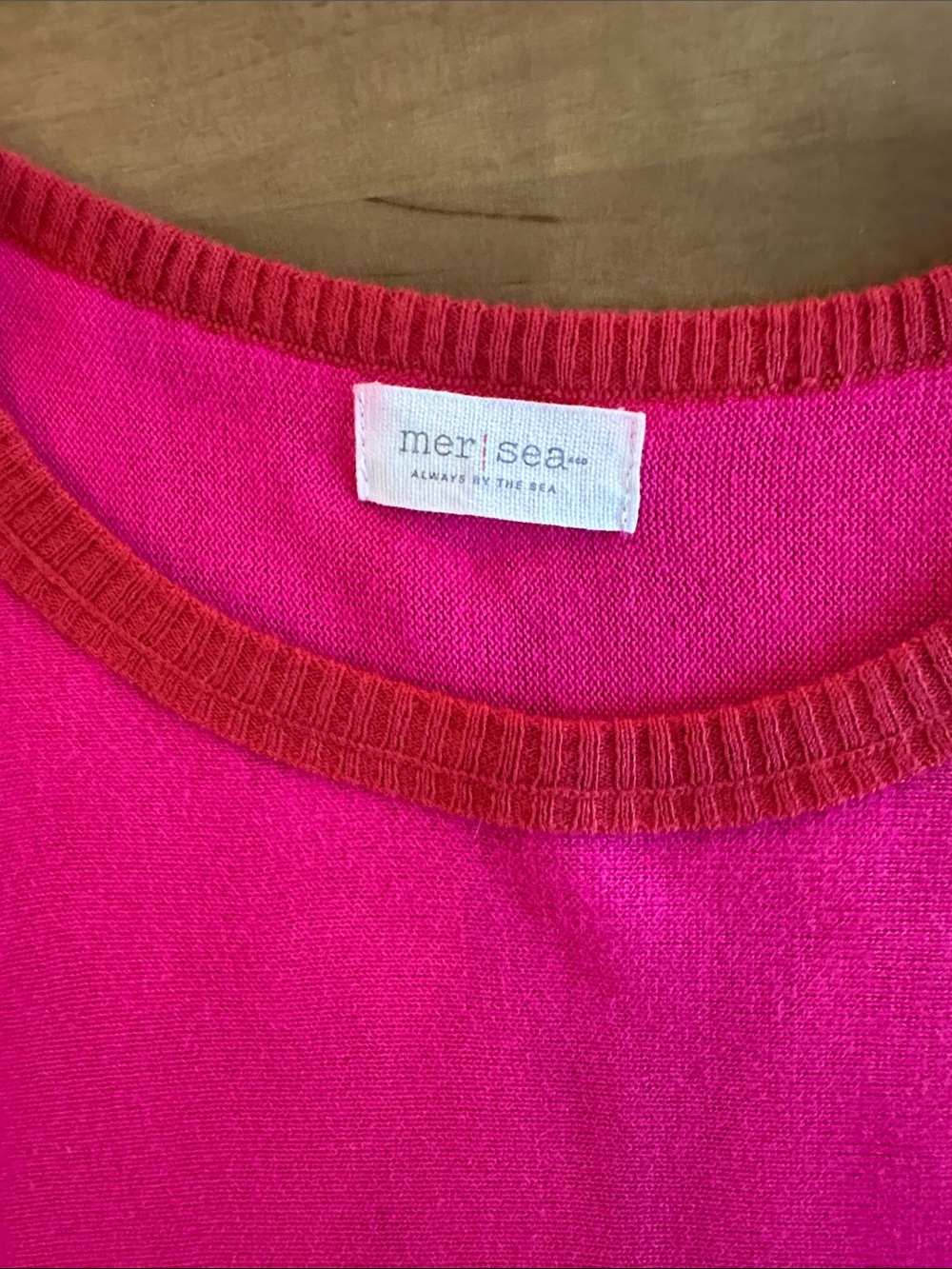 Hot Pink Crewneck Sweater with Red-Trim Neckline - Picture 2 of 2